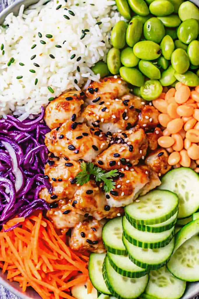 Vibrant Bang Bang Chicken Bowl featuring glazed chicken pieces topped with black and white sesame seeds and fresh cilantro, served over white rice with colorful accompaniments including edamame beans, sliced cucumbers, shredded purple cabbage, julienned carrots, and sliced almonds arranged in a white bowl