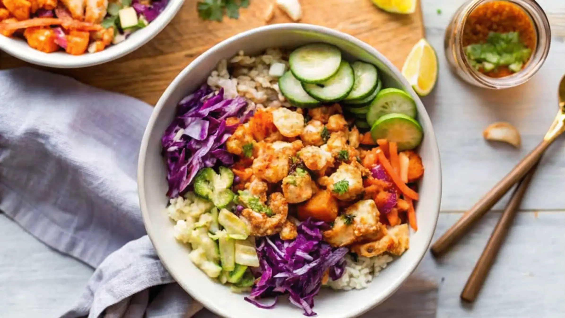Colorful Bang Bang Chicken Bowl served in a white ceramic bowl, featuring seasoned chicken pieces over fluffy rice, topped with fresh cucumber slices, shredded purple cabbage, julienned carrots, and diced avocado, accompanied by chopsticks and a small bowl of dipping sauce on a rustic wooden table
