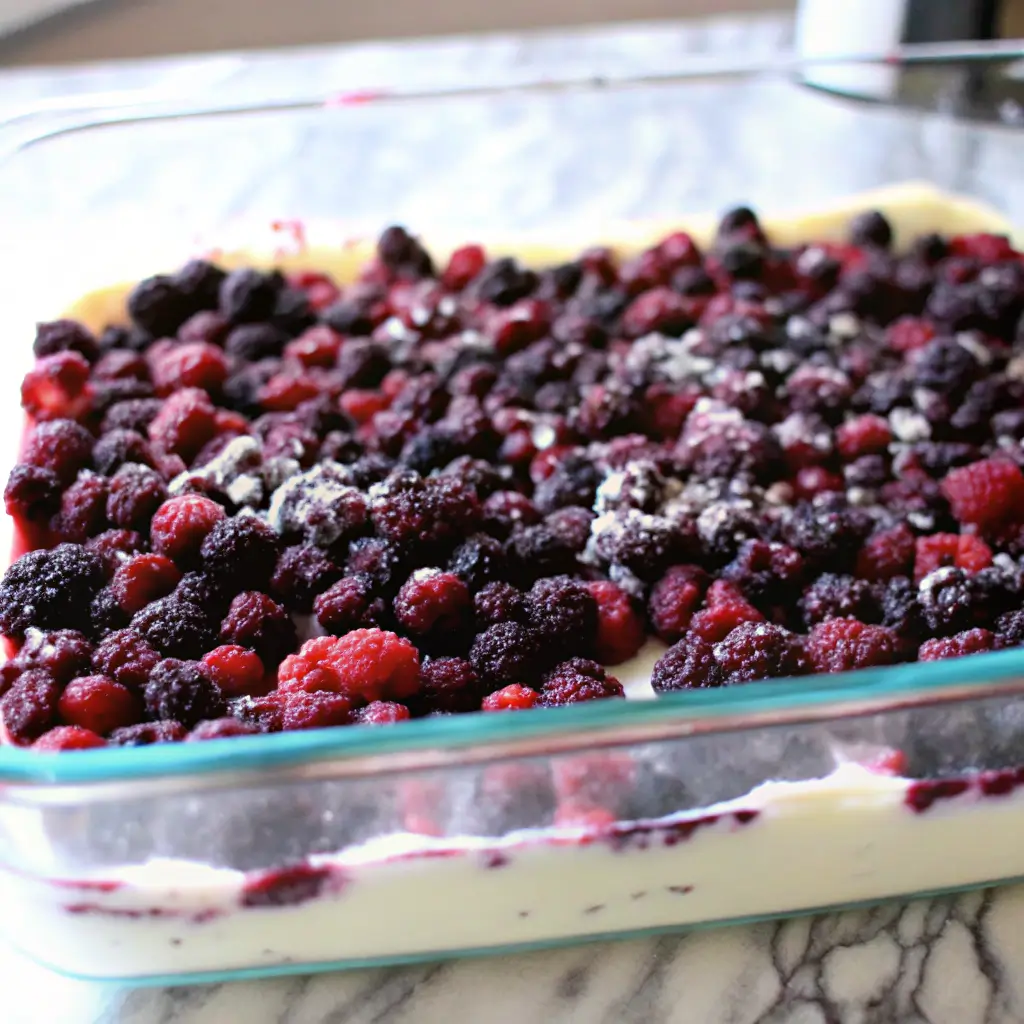 the pre-baked stage of a Black Raspberry Cake in a glass baking dish. The cake batter is spread evenly across the bottom, topped generously with a mix of fresh or frozen black raspberries and possibly red raspberries. The berries are lightly dusted with sugar or flour, which will help them caramelize and release their juices as the cake bakes. The pale, creamy batter contrasts beautifully with the deep reds and purples of the fruit, giving a vibrant, fresh look that hints at the juicy, rich flavor to come once baked. It’s a perfect behind-the-scenes glimpse into the dessert-making process.