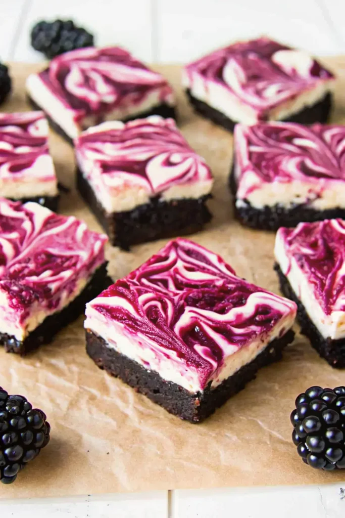 Freshly made blackberry cheesecake brownies recipe displayed on parchment paper. The image showcases perfectly cut square brownies featuring three distinct layers: a rich, fudgy chocolate brownie base topped with creamy white cheesecake and beautifully swirled with vibrant purple-magenta blackberry sauce creating an artistic marble effect. Eight brownie squares are arranged in a circular pattern, with one centered in the foreground highlighting the stunning swirl pattern. Fresh whole blackberries are scattered around the edges as garnish, emphasizing the star ingredient of this blackberry cheesecake brownies recipe. The contrast between the dark chocolate bottom, white cheesecake middle, and bold blackberry swirls creates a visually striking dessert that looks as delicious as it is beautiful. The parchment paper backdrop gives a homemade, freshly-baked appearance to these gourmet treats.
