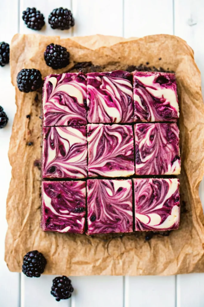 Overhead view of a blackberry cheesecake brownies recipe perfectly executed and displayed on brown parchment paper. The dessert is cut into nine neat squares arranged in a 3x3 grid, showcasing the stunning marble effect of vibrant purple-magenta blackberry swirls against a creamy white cheesecake layer. The dark chocolate brownie base is visible at the edges of some pieces. Fresh whole blackberries are strategically placed around the brownies on the parchment paper, highlighting the key ingredient that gives these treats their beautiful color and flavor. The entire presentation sits on a white wooden surface, creating an elegant rustic aesthetic. This blackberry cheesecake brownies recipe combines the richness of fudgy chocolate, the tanginess of cream cheese, and the sweet-tart flavor of blackberries into a visually striking dessert with beautiful artistic swirl patterns that make each square unique.