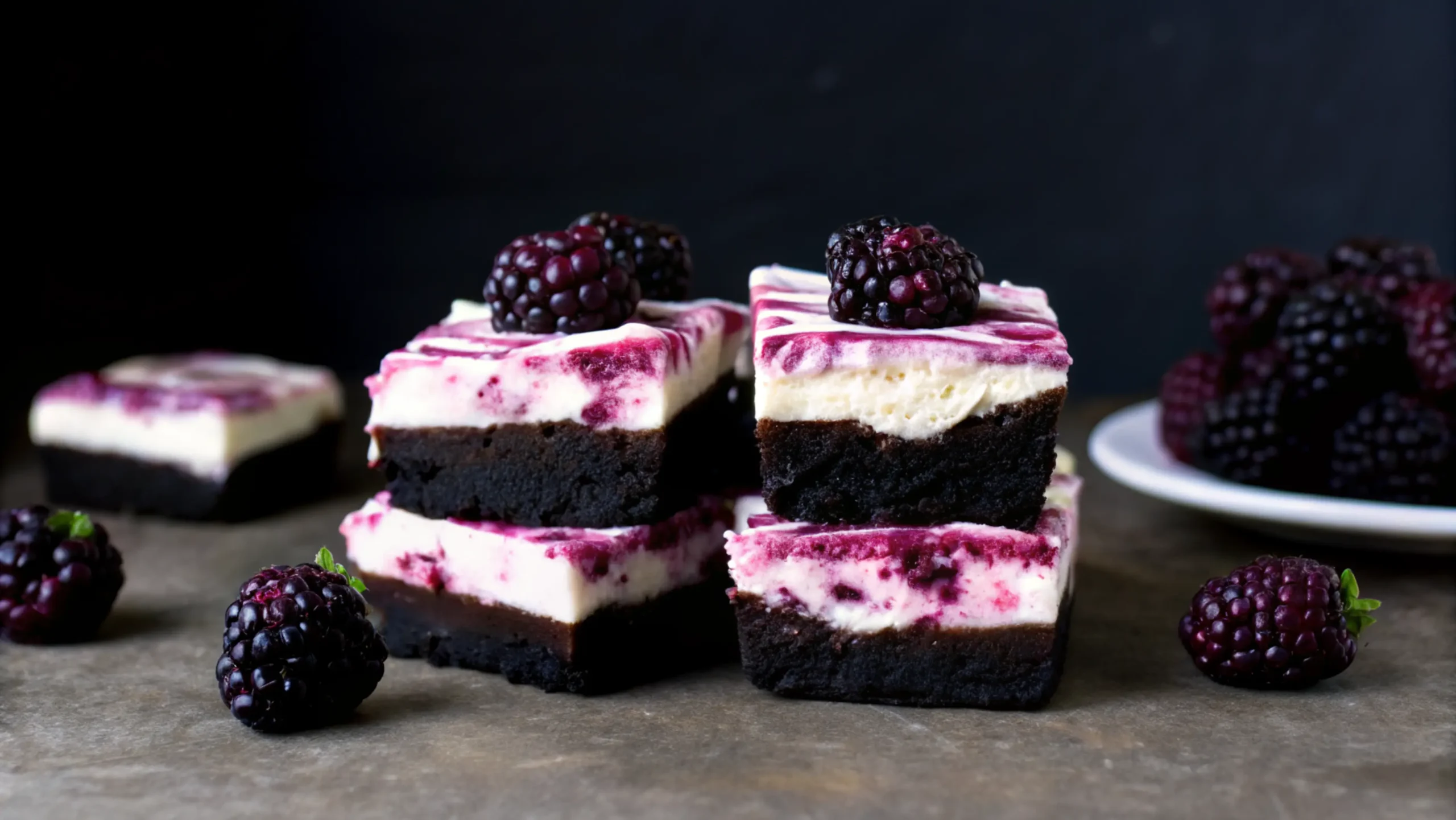 Elegant blackberry cheesecake brownies recipe showcased in a stylish presentation against a dark background. The squared dessert bars feature three distinct layers: a rich, dark chocolate brownie base, a creamy white cheesecake middle, and beautiful purple-pink swirls of blackberry on top. Several pieces are artfully stacked in the center of the image, each topped with a fresh blackberry. Additional fresh blackberries are scattered around the composition, with more visible on a small white plate in the background. The blackberry cheesecake brownies recipe combines the decadence of fudgy chocolate with the tangy sweetness of cream cheese and the fruity brightness of blackberries, creating a visually stunning and delicious dessert with perfect color contrast between the dark brownie, white cheesecake, and vibrant berry swirls.