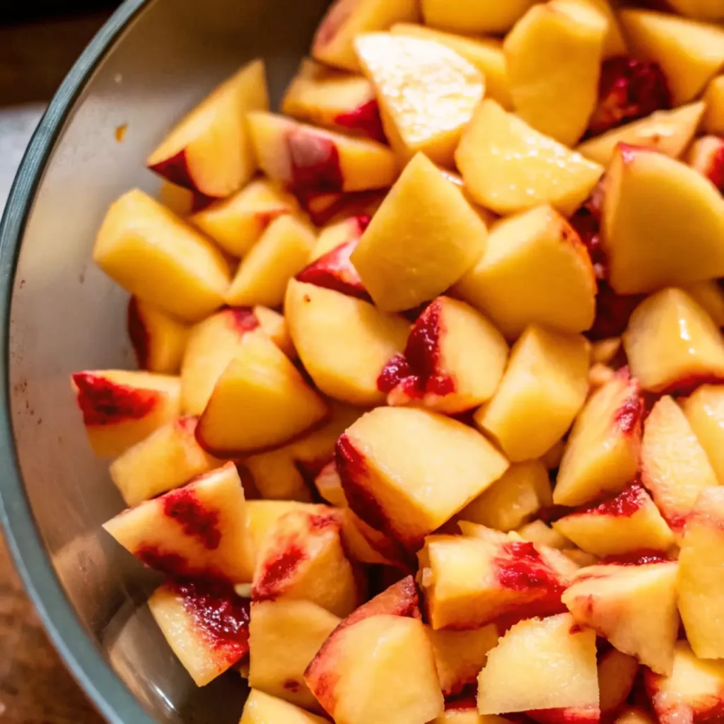 Fresh, ripe peaches diced into chunks for a peach cobbler recipe, displayed in a light-colored mixing bowl. The peaches are cut into uniform bite-sized pieces, showcasing their vibrant golden-yellow flesh and deep red areas near the skin. Some peach juice is visible at the bottom of the bowl, indicating the fruit's juiciness and ripeness. This is the essential first step in preparing a homemade peach cobbler recipe - preparing the fresh fruit that will become the sweet, jammy filling beneath the golden crust. The close-up perspective highlights the natural beauty and texture of the freshly cut peaches, emphasizing the importance of using quality fruit for a delicious peach cobbler.