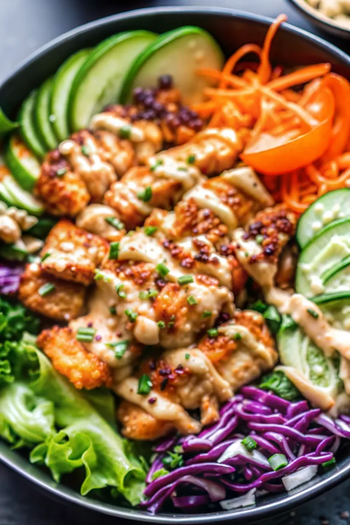 Close-up view of a Bang Bang Chicken Bowl in a dark bowl, showcasing golden-brown crispy chicken pieces drizzled with creamy bang bang sauce and garnished with fresh chives, surrounded by sliced avocado, spiralized carrots, shredded purple cabbage, and mixed greens