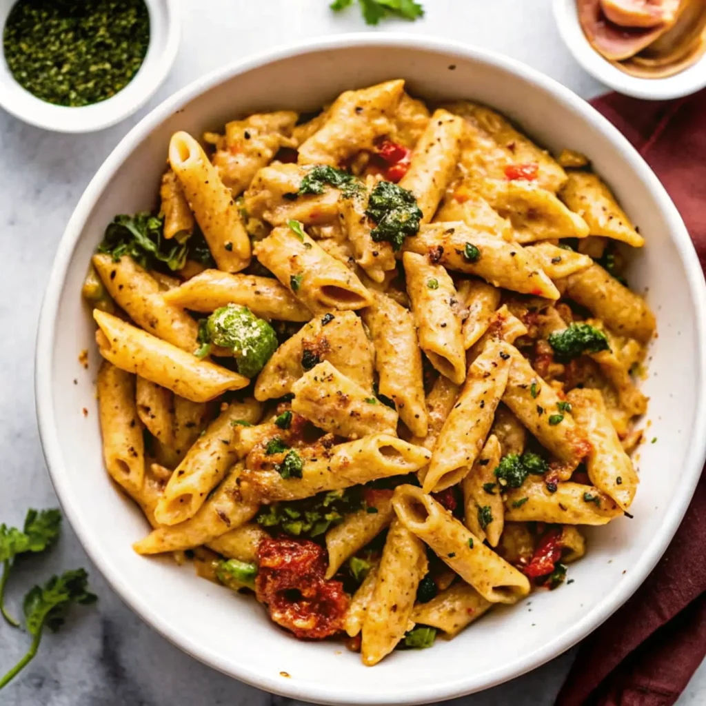 A white bowl filled with creamy sun-dried tomato chicken and penne pasta. The dish features tender penne pasta coated in a rich, creamy sauce with visible pieces of sun-dried tomatoes, green herbs (likely basil or parsley), and seasoned chicken. Small dollops of pesto are scattered throughout. On the side, there's a small bowl of green pesto and another small dish partially visible. The pasta is garnished with black pepper and fresh herbs, set on a marble countertop with a burgundy napkin beside it.