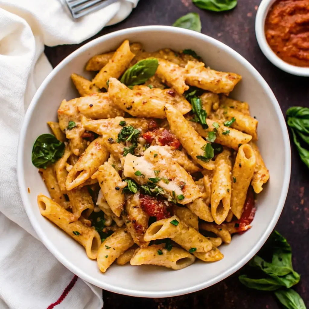 A white bowl of creamy sun-dried tomato chicken and penne pasta served on a dark wooden surface. The penne pasta is coated in a rich, golden creamy sauce with visible pieces of red sun-dried tomatoes and tender chicken throughout. Fresh green basil leaves and chopped herbs garnish the dish, adding vibrant color contrast. To the right, there's a small bowl of what appears to be sun-dried tomato sauce or paste, and a white napkin with red stripe detail is placed to the left. Fresh basil leaves are scattered around the bowl, enhancing the presentation of this hearty Italian-inspired meal.