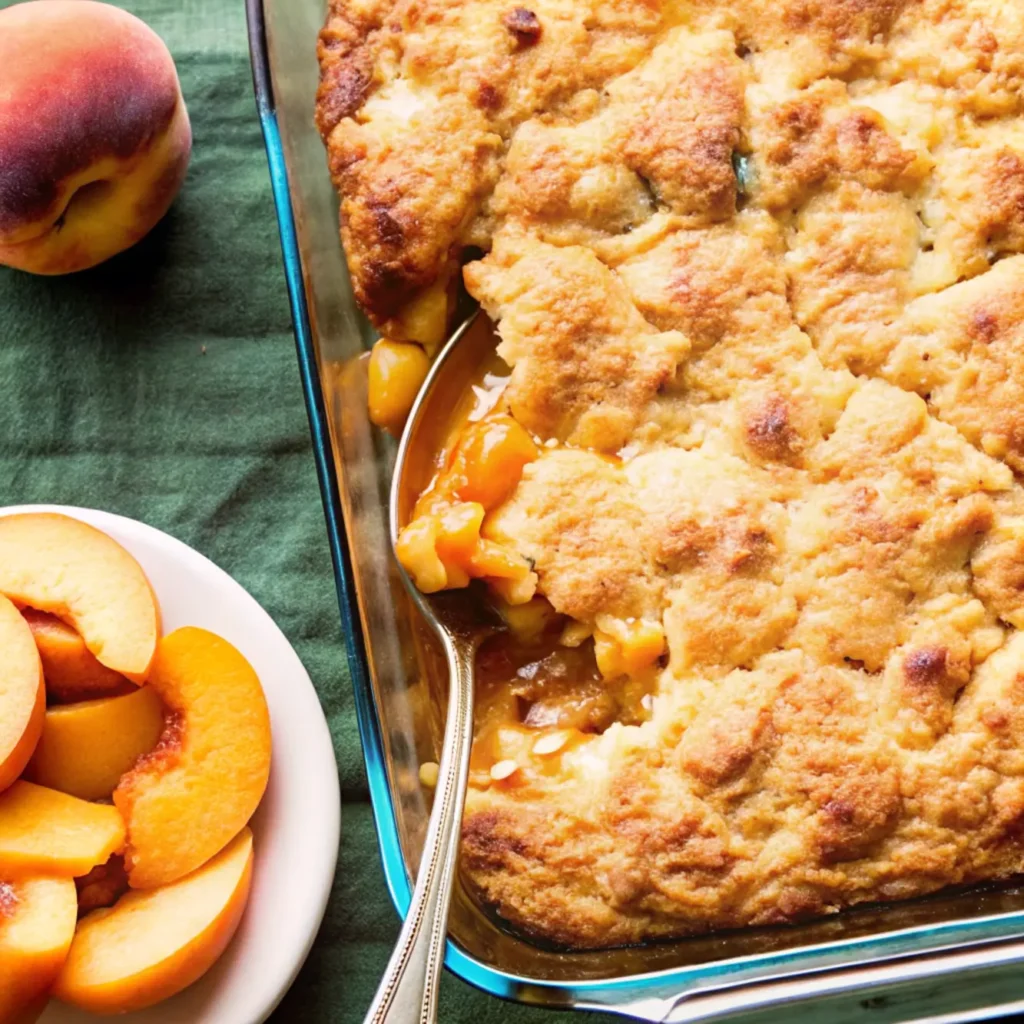 A freshly baked peach cobbler recipe displayed in a glass baking dish with a serving spoon inserted, showing the golden brown, slightly caramelized cake-like topping and bubbling peach filling visible at the edges. The cobbler rests on a dark green cloth surface. To the left of the baking dish is a white plate filled with freshly sliced peaches, and a whole ripe peach sits at the upper left corner. The peach cobbler recipe features a perfect contrast between the soft, juicy peach filling and the crisp, buttery topping. A serving has been removed, revealing the sweet syrupy peach mixture underneath the crust. Two silver serving spoons are positioned next to the dish, ready for serving this classic summer dessert.