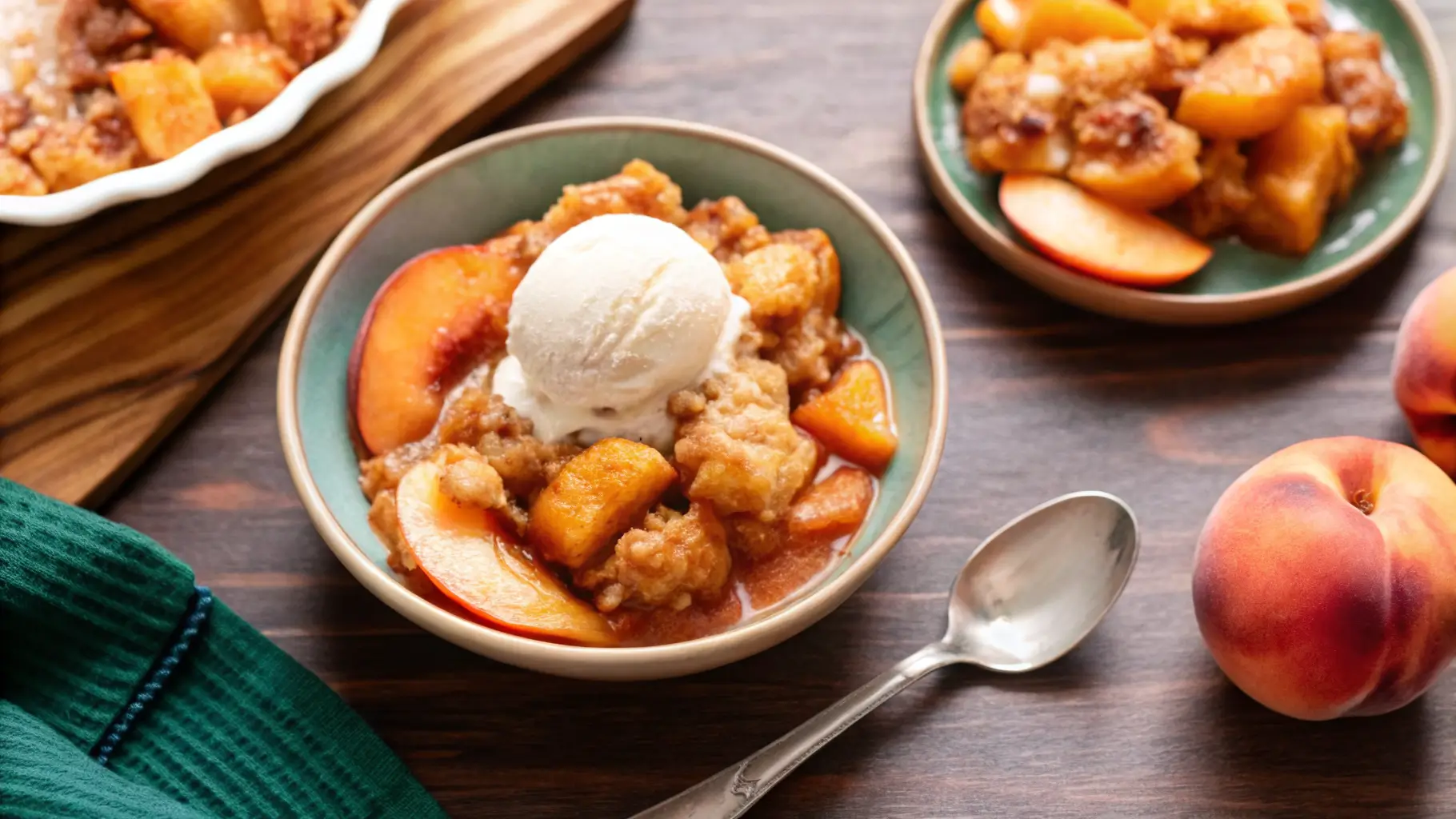 Homemade peach cobbler recipe served in light blue-green ceramic bowls on a wooden table. The main bowl in the center features a warm peach cobbler with golden brown crumble topping, fresh peach slices, and a perfectly round scoop of vanilla ice cream melting on top. Additional servings of the peach cobbler are visible in smaller dishes to the right and partially visible on the left in a white baking dish. Fresh whole peaches are placed on the table, showing the key ingredient of this classic dessert. A silver spoon sits nearby, ready for serving, alongside a teal green napkin. The peach cobbler recipe showcases the perfect balance of sweet, juicy peaches and buttery crumble topping.