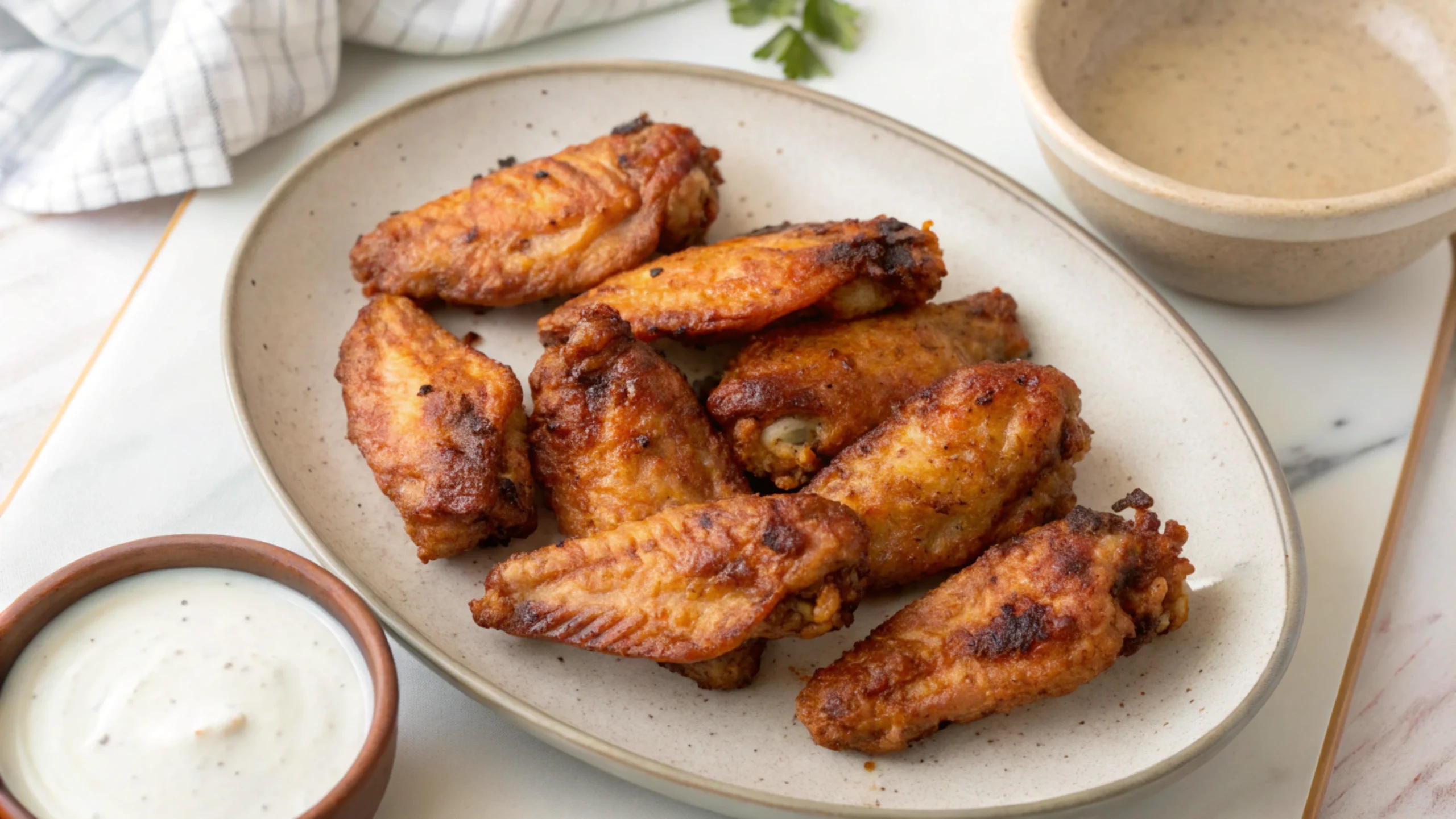 A plate of golden-brown air fryer chicken wings served with creamy dipping sauces on the side.