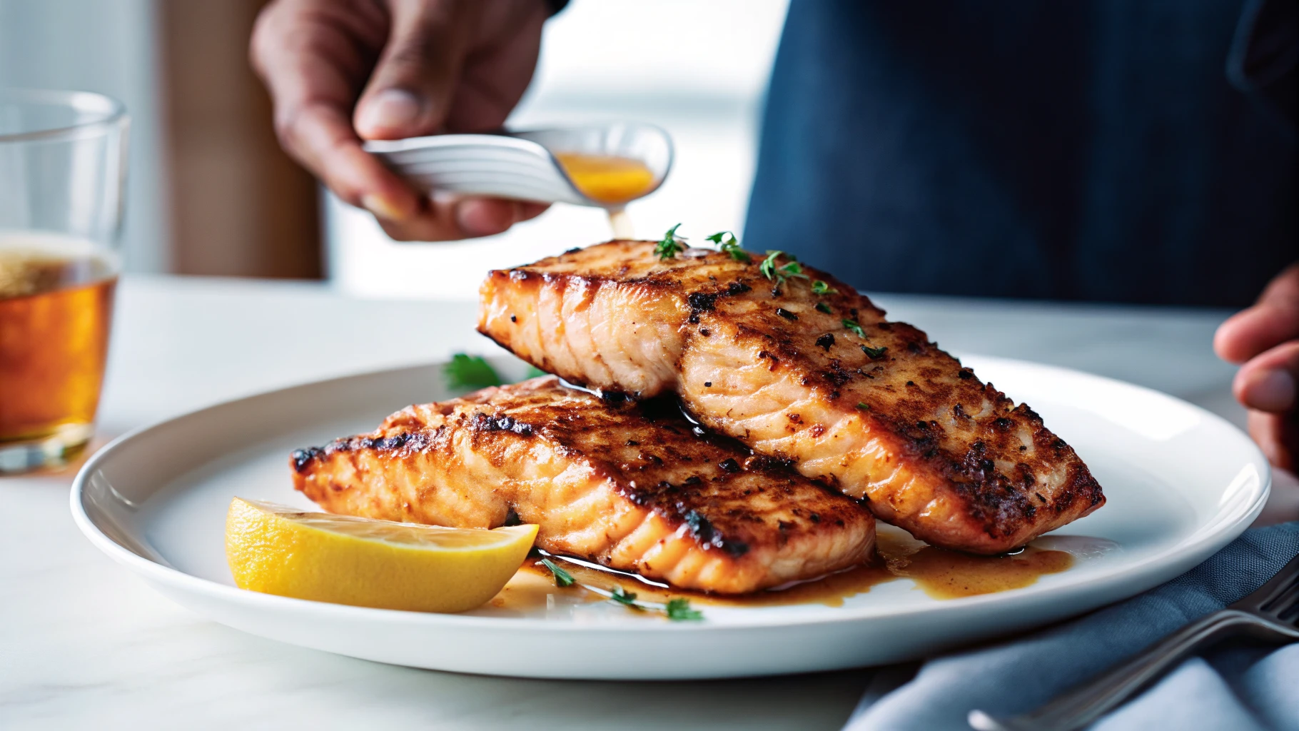 Grilled salmon fillets on white plate with lemon wedge and sauce being drizzled on top