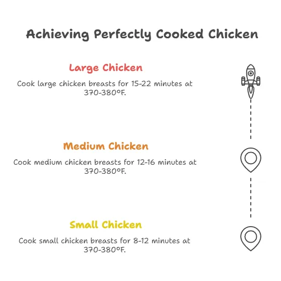 An infographic showing cooking times and temperatures for three sizes of chicken breasts - large (15-22 minutes), medium (12-16 minutes), and small (8-12 minutes), all at 370-380°F.