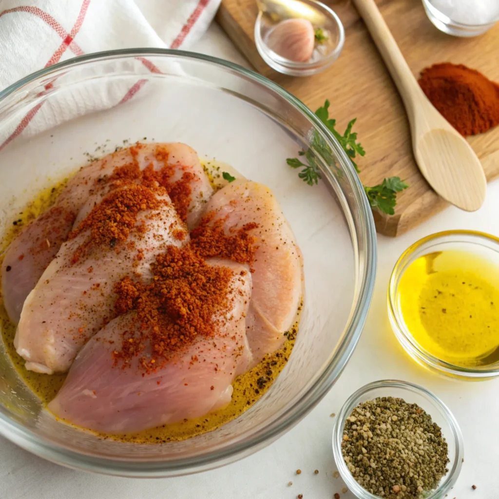 A clear glass bowl contains several raw chicken breasts being marinated in olive oil and a generous amount of a reddish-brown spice blend. Surrounding the bowl on a white surface are small dishes of other ingredients, including olive oil, a pepper mix, garlic, and paprika on a wooden spoon.