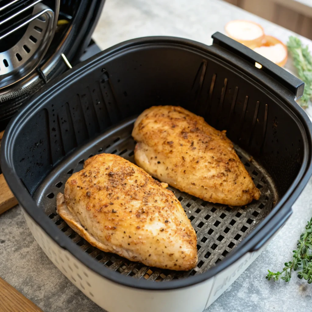 Two seasoned chicken breasts are nestled inside the black basket of an air fryer, sitting on a black mesh tray. The chicken has a golden-brown crust with visible specks of seasoning. The air fryer basket is positioned on a light gray countertop, with a blurred glimpse of the air fryer's interior and some herbs and sliced lemons in the background.