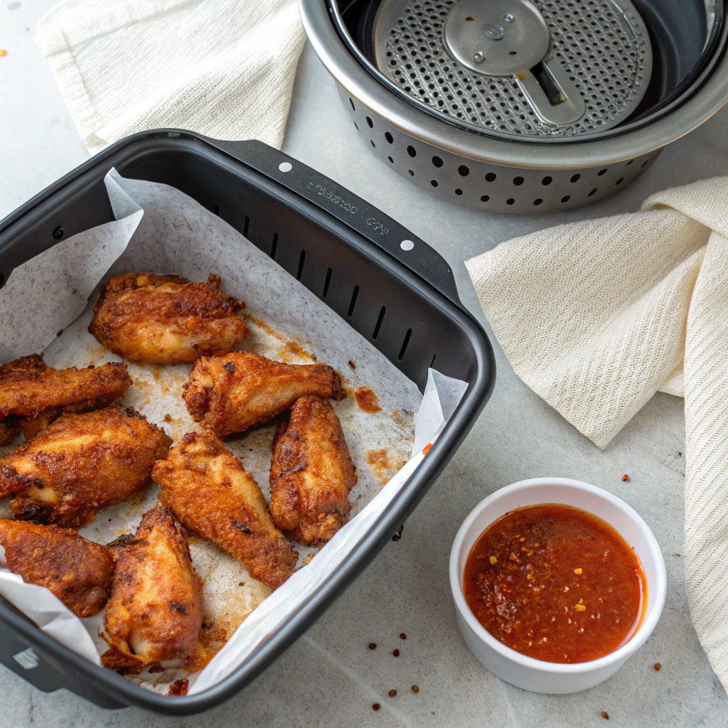 Crispy chicken wings cooked in an air fryer basket lined with parchment paper, served with a bowl of red chili dipping sauce on the side.