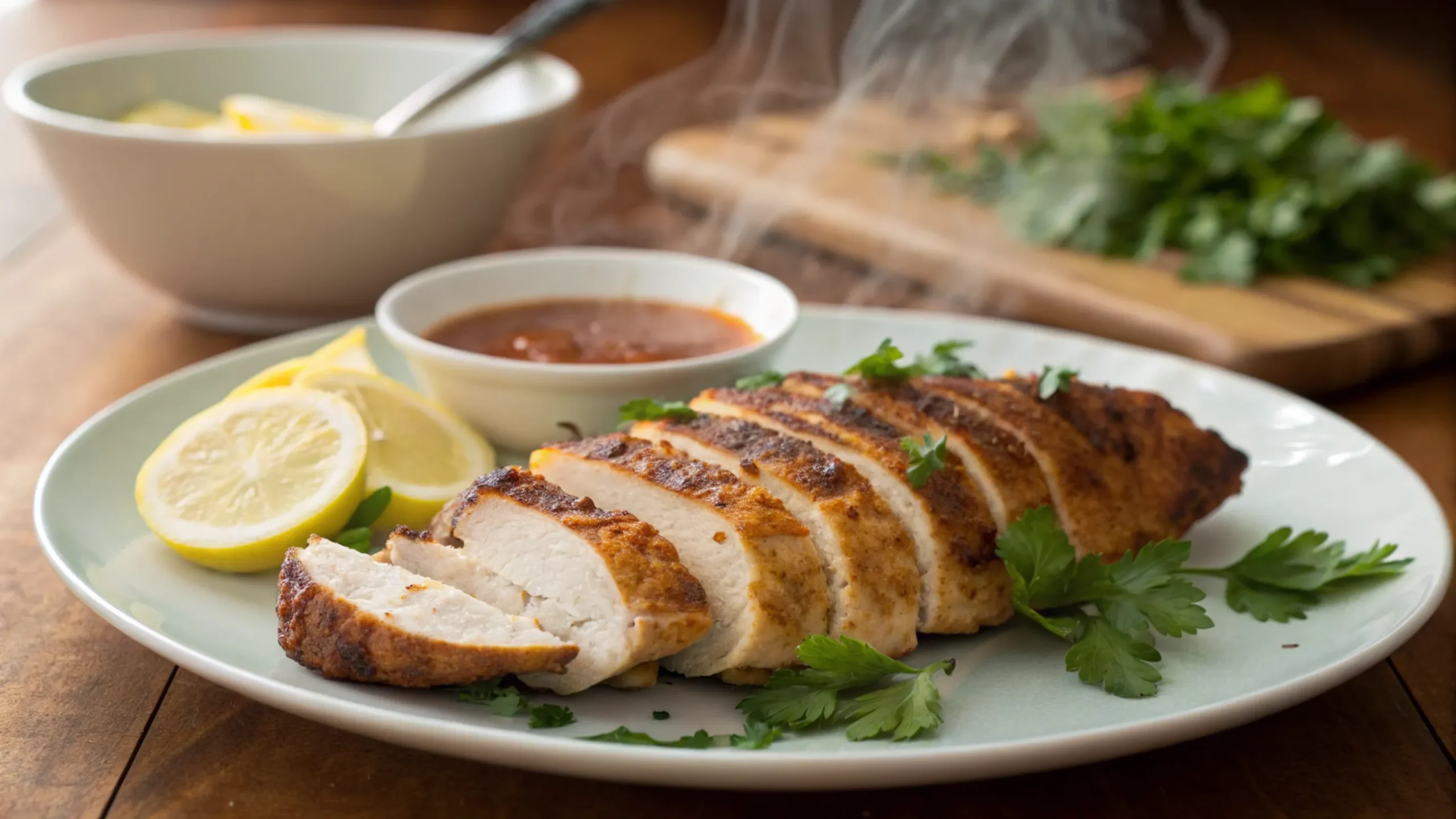 A perfectly cooked and sliced chicken breast is presented on a light green plate, with steam rising from it. The chicken has a golden-brown, seasoned skin and a juicy white interior. It is garnished with fresh parsley, lemon slices, and a small bowl of dipping sauce.