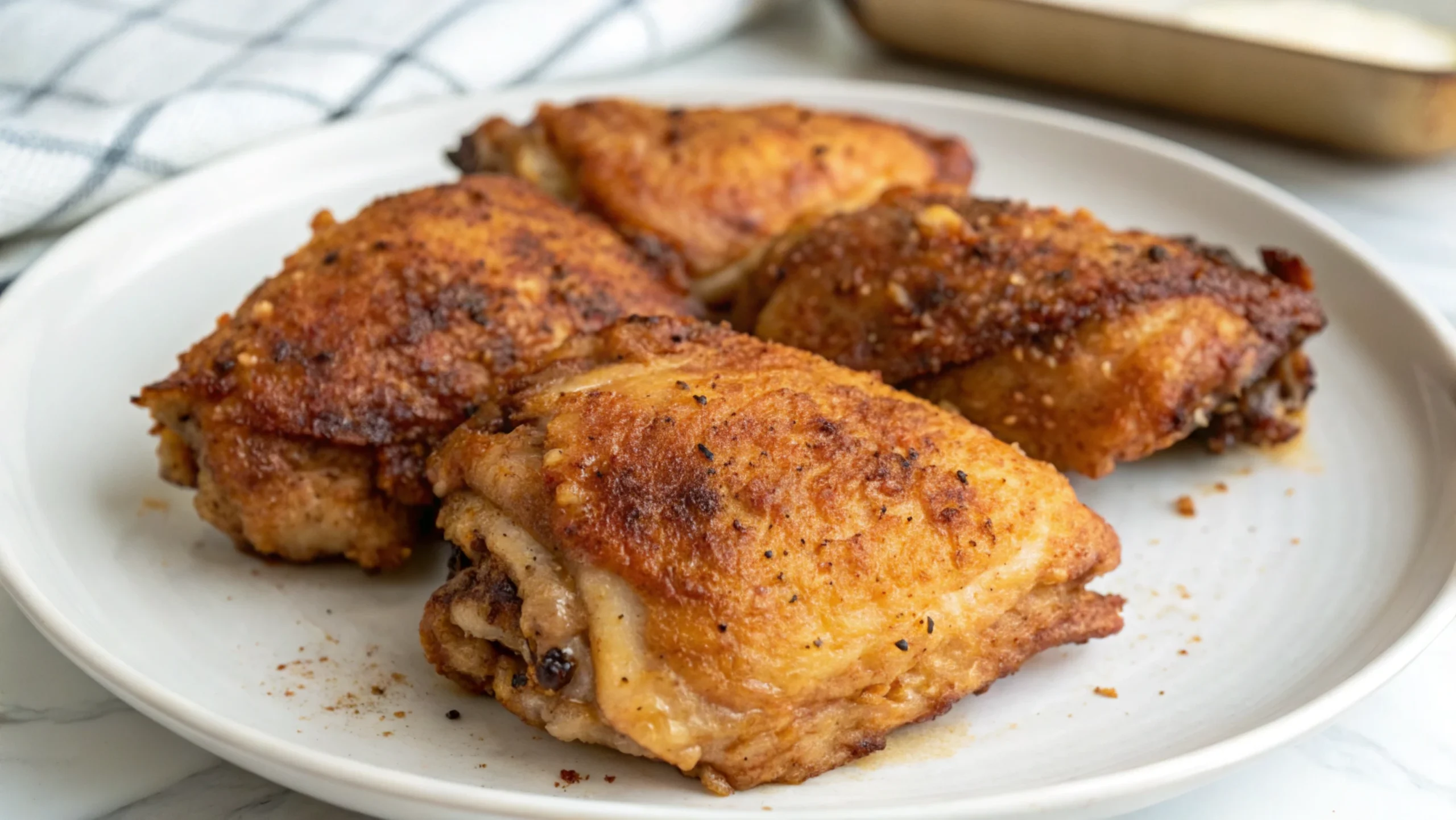 Five pieces of golden-brown bone-in chicken with crispy, well-seasoned skin arranged on a white plate, with a blue and white checkered kitchen towel and wooden cutting board visible in the background.