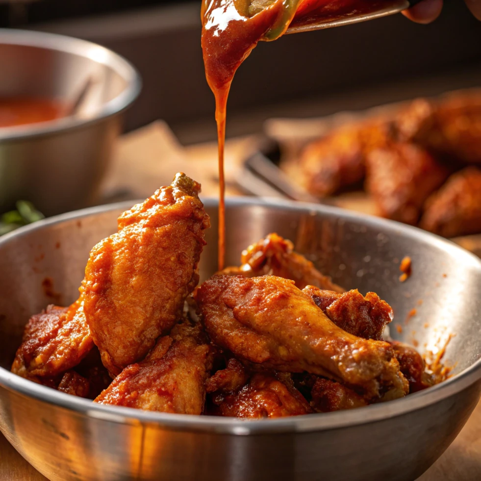 Spicy sauce being poured over crispy golden chicken wings in a metal bowl.