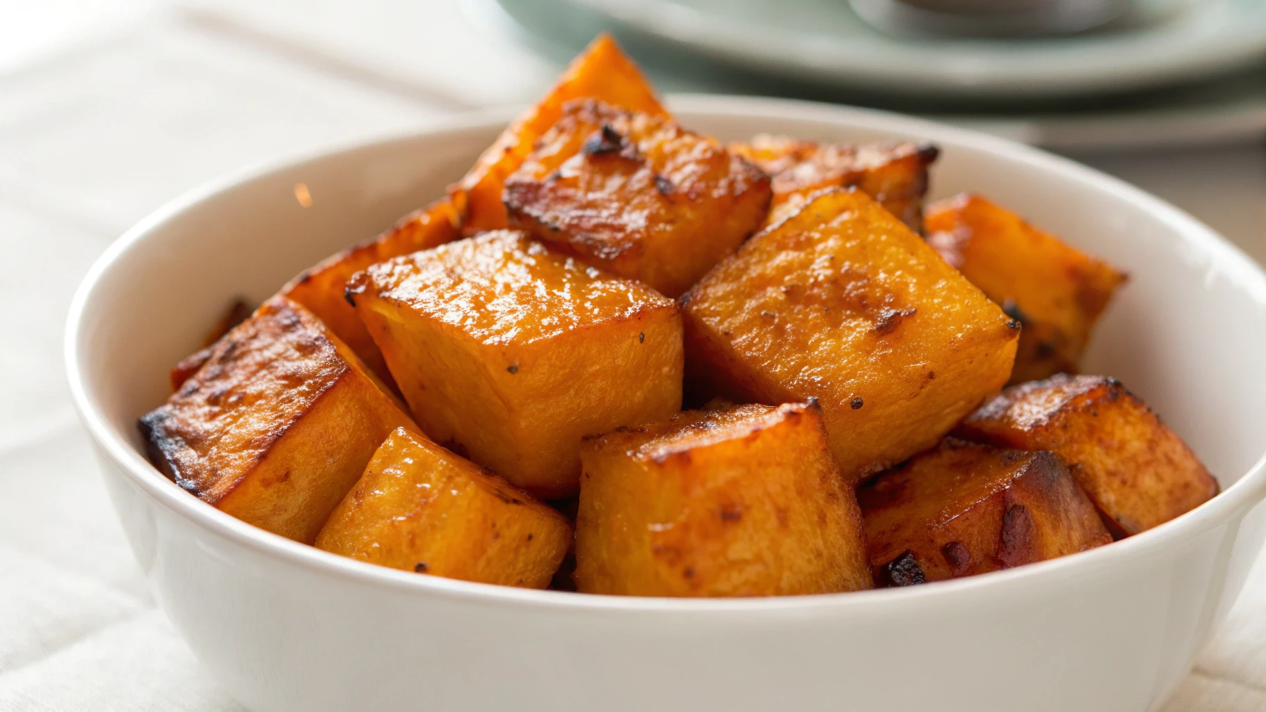 Perfectly roasted sweet potato cubes with caramelized surfaces and black pepper seasoning served in a white bowl
