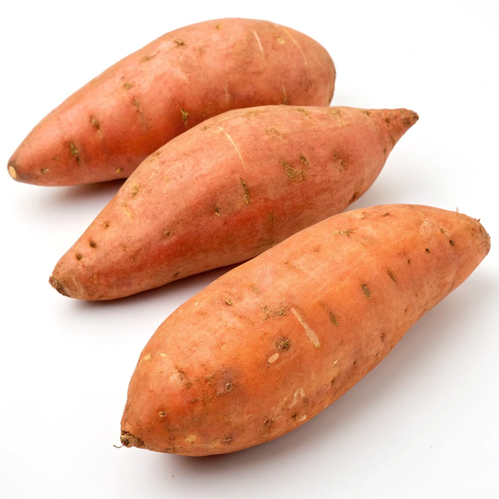 Three whole raw sweet potatoes with orange-pink skin and visible root eyes on a white background