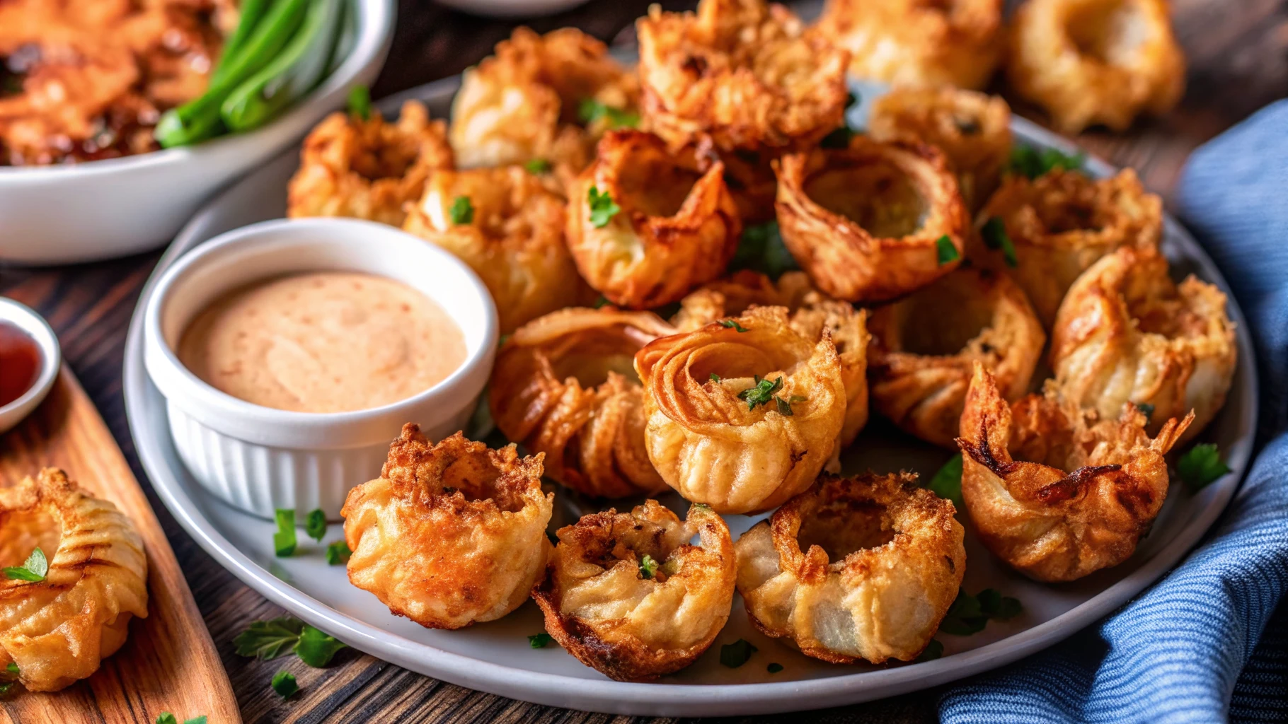 Golden brown blooming onion rings arranged on a white plate with a small bowl of creamy dipping sauce, garnished with fresh green herbs