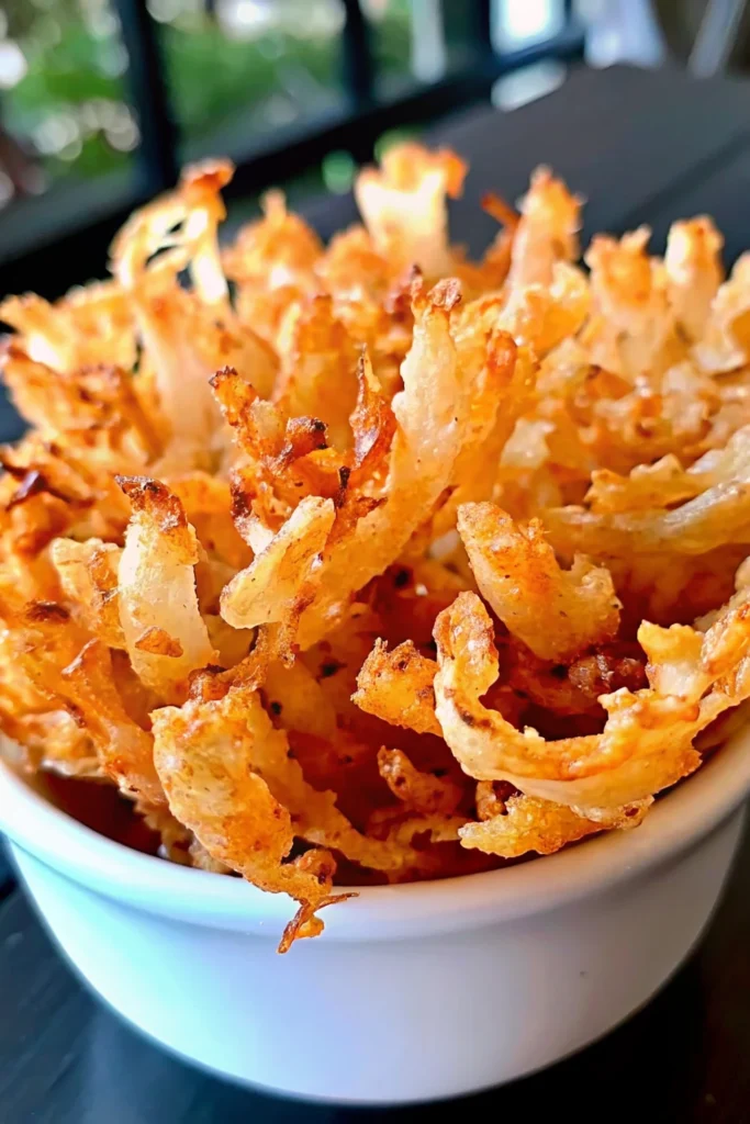 Close-up view of golden fried onion strings in a white bowl, showing their crispy, delicate texture