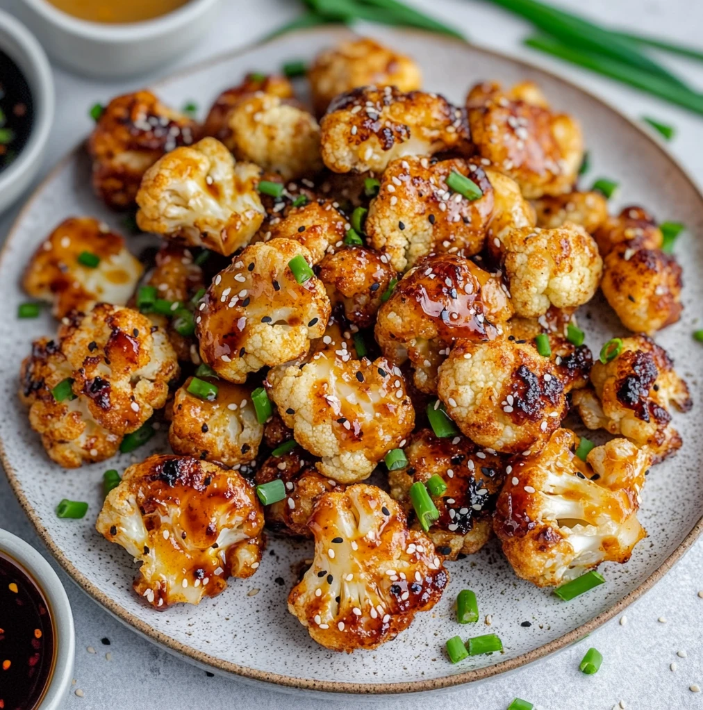 Teriyaki-glazed cauliflower with sesame seeds and green onions on a speckled ceramic plate
