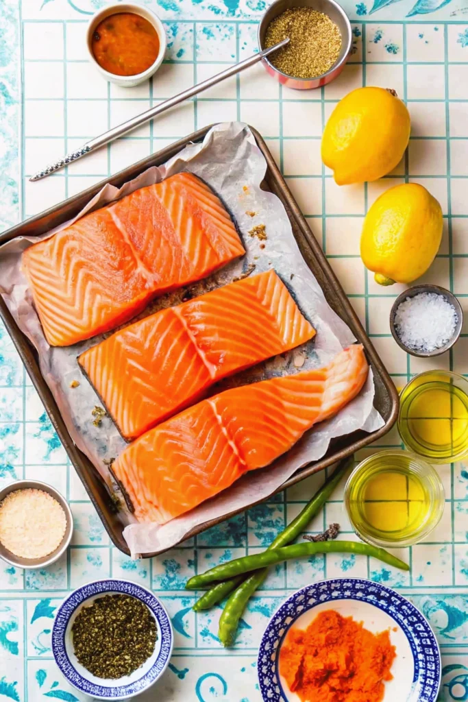 Three fresh, raw salmon fillets are arranged on parchment paper in a baking tray, ready for preparation. The scene is styled with various cooking ingredients including whole lemons, olive oil in glass containers, sea salt, what appears to be harissa or paprika paste, dried herbs, green chilies, and other spices in small bowls. The ingredients suggest a Mediterranean or Middle Eastern flavor profile for the salmon preparation.