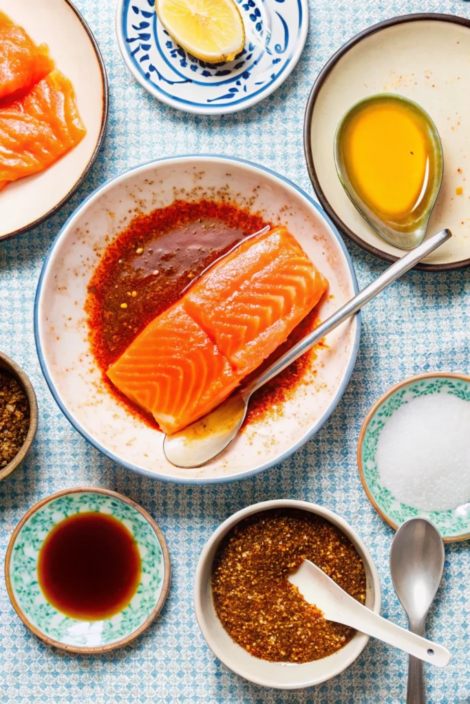 A single salmon fillet sits in a bowl being coated with a rich, reddish-brown marinade or spice paste. The surrounding setup includes olive oil, soy sauce, what appears to be a spice blend (possibly dukkah or za'atar), lemon wedges, and various other seasonings in decorative bowls. This appears to be the marinating stage of salmon preparation with Middle Eastern or North African influences.