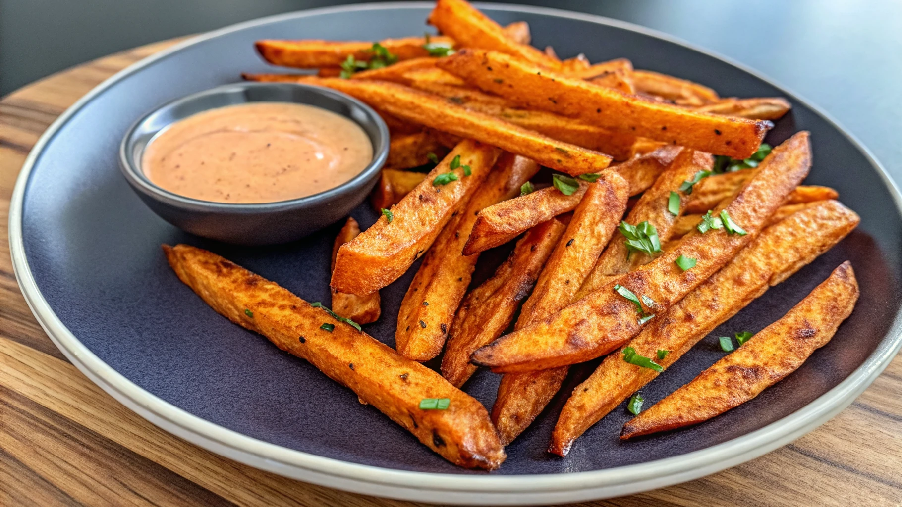 Plated sweet potato fries with dipping sauce garnished with fresh herbs on a dark plate