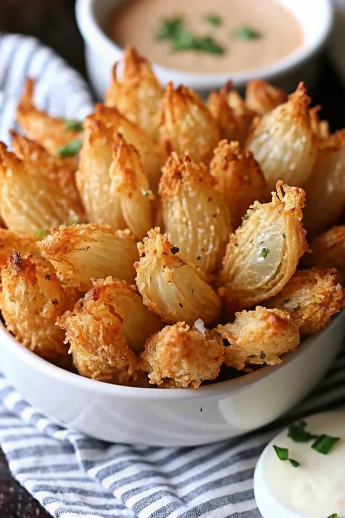 Blooming onion wedges arranged in a white bowl with creamy dipping sauce in the background
