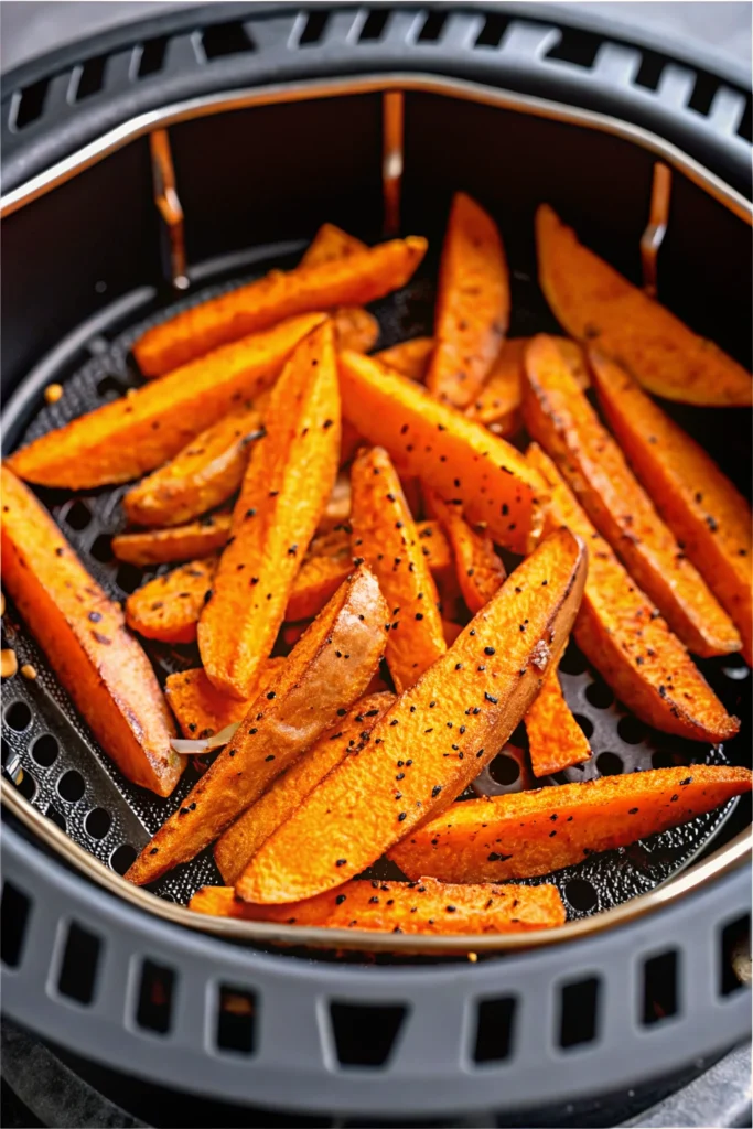 Golden-brown sweet potato fries in an air fryer basket with black pepper seasoning